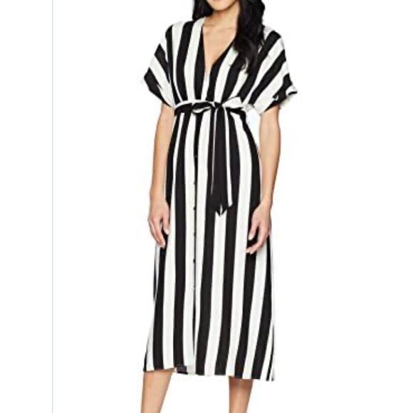 Bardot Revolve Adley Button Midi Dress Black White Stripe Linen Blend M Casual - Picture 1 of 12